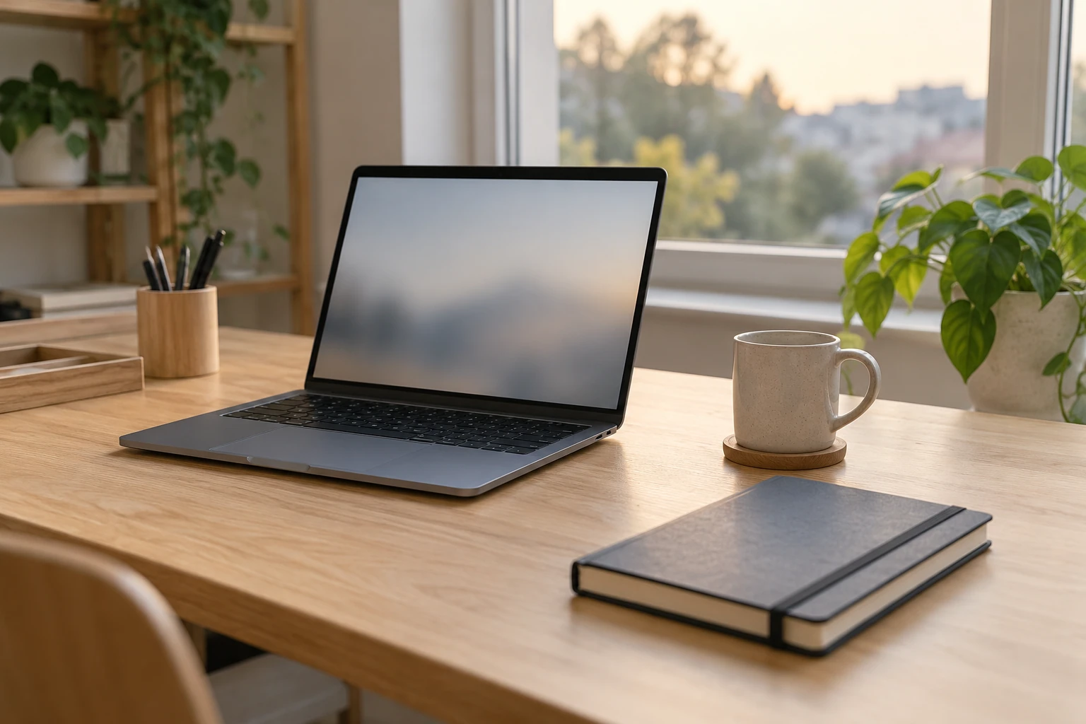 Ordinateur portable ouvert, carnet, tasse et plante sur bureau en bois près d'une fenêtre