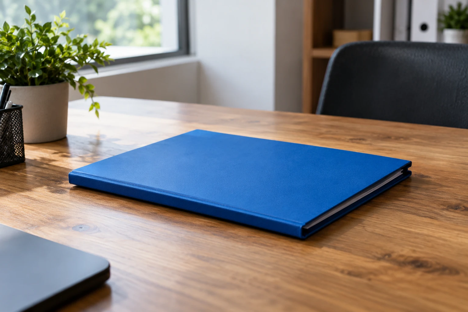 Classeur bleu fermé posé sur un bureau en bois près d'un ordinateur portable et d'une plante