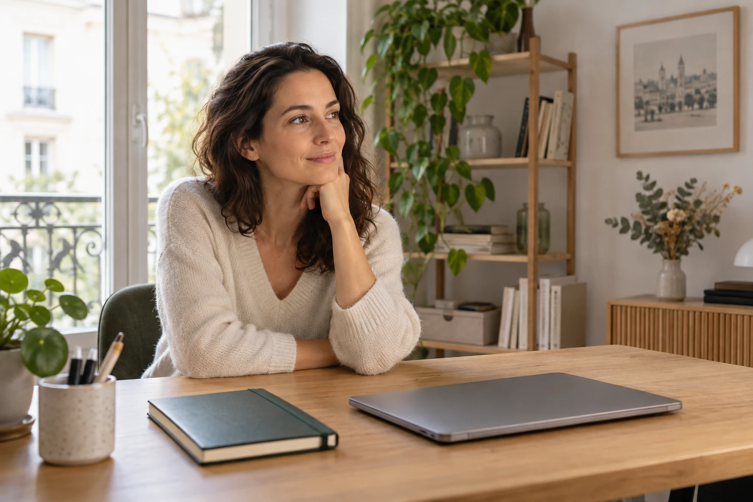 Femme souriante pensant devant ordinateur portable et carnet sur bureau lumineux