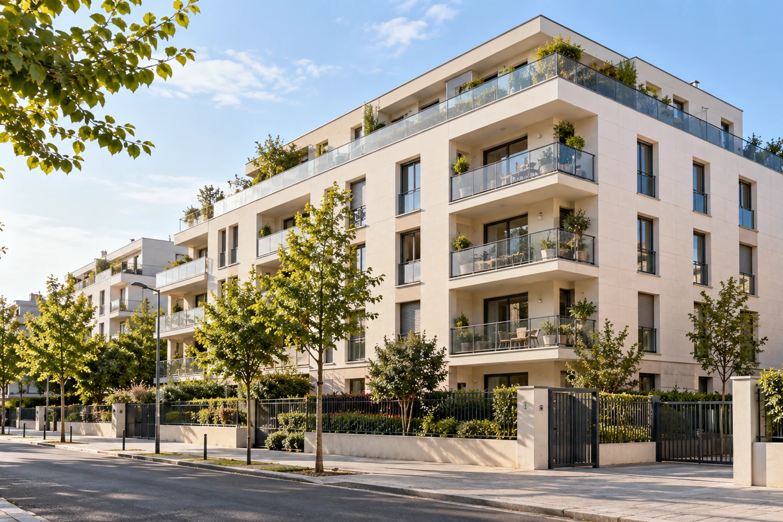 Immeuble résidentiel moderne à plusieurs étages avec balcons végétalisés et arbres en bordure