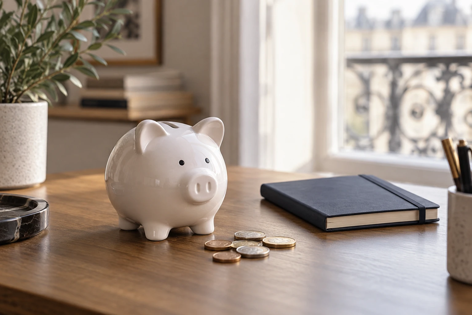 Tirelire cochon blanche sur bureau en bois, quelques pièces et carnet noir à côté